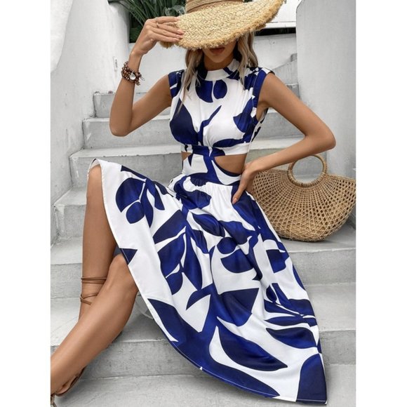 Boho  Leaf Print Cut Out Waist Dress Blue & White - Picture 1 of 5